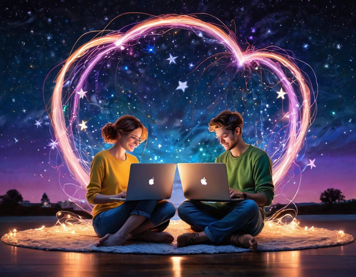 A whimsical scene of two people engaging in an online romance, with heartstrings visually connecting their laptops. The backdrop features a blend of stars and digital elements to signify the online space. Include soft, glowing lights around the characters to enhance the romantic atmosphere. The individuals appear joyful and are playfully reaching towards each other across their screens. vibrant colors. surreal art.