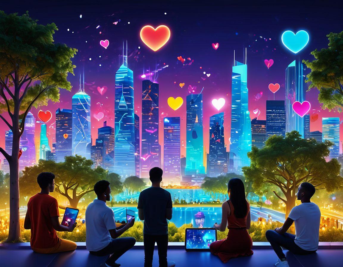 A vibrant and futuristic city skyline with glowing digital screens displaying hearts and emojis, symbolizing emotional connections through technology. In the foreground, a diverse group of people engaged with their devices, showcasing expressions of joy and connection. The background features a blend of nature and technology, like trees intertwined with circuits, representing harmony. surreal and colorful. 3D. vibrant colors.